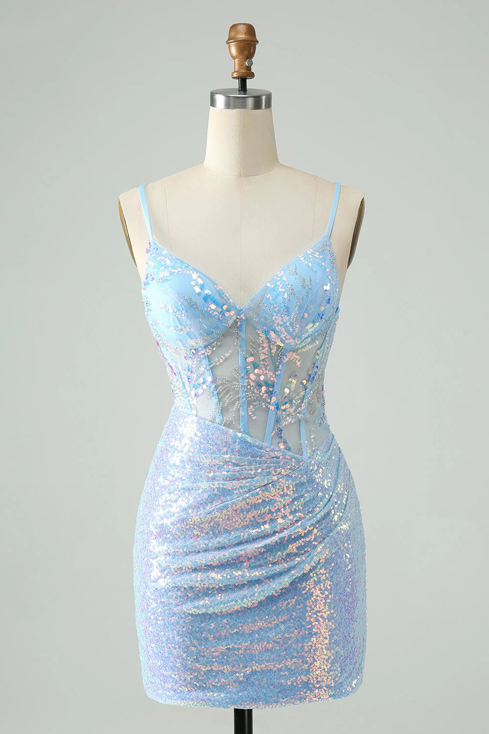 Glitter Light Blue Tight Spaghetti Straps Shor Full Of Charm Homecoing Dress