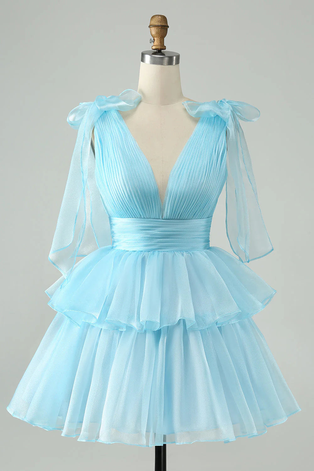 Sky Blue A Line V Neck Pleated Tiered Full Of Charm Homecoing Dress