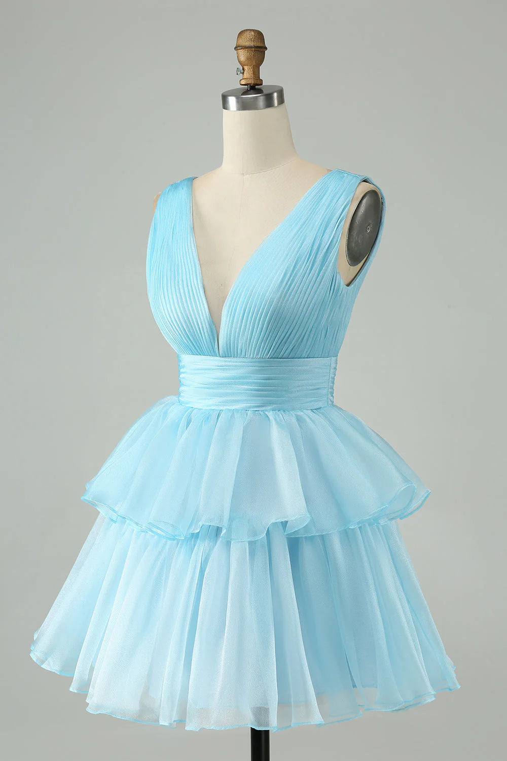 Sky Blue A Line V Neck Pleated Tiered Full Of Charm Homecoing Dress