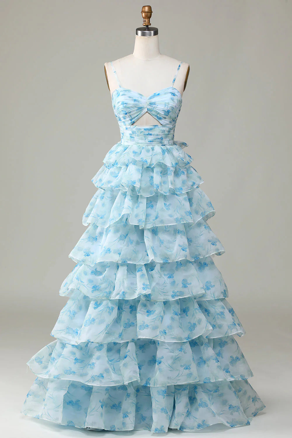 Spaghetti Straps Cut Out Tiered Blue Full Of Charm Prom Dress