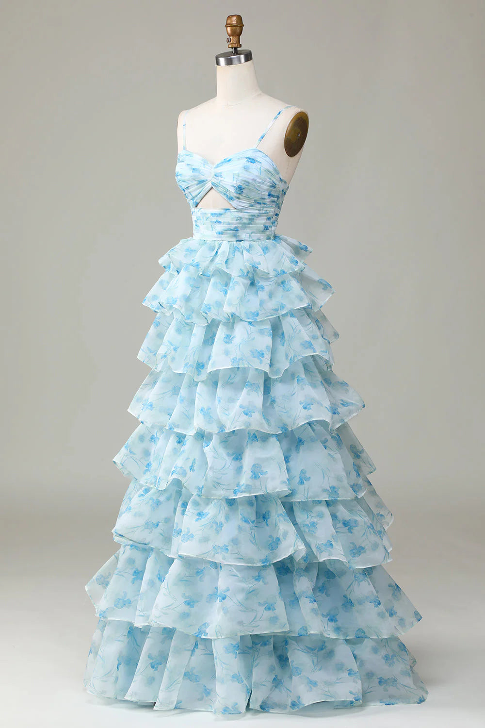 Spaghetti Straps Cut Out Tiered Blue Full Of Charm Prom Dress