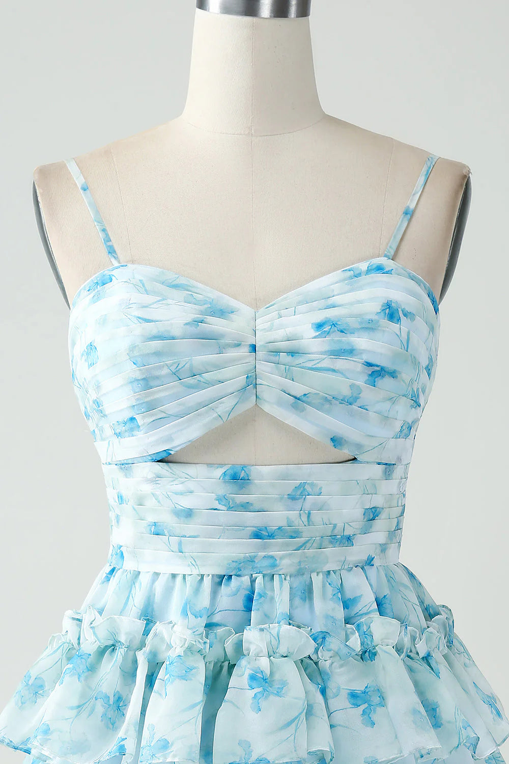 A-Line Spaghetti Straps Tiered Blue Floral Short Full Of Charm Homecoing Dress