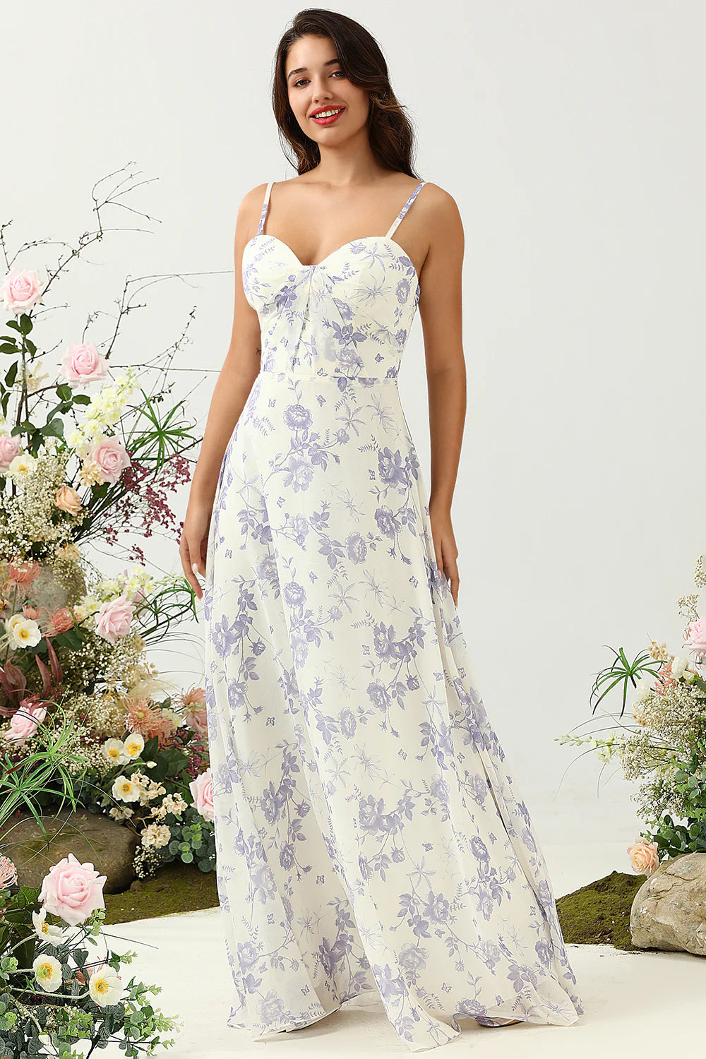 White Blue Flower A Line Spaghetti Straps Print Tiered Long Bridesmaid Dress