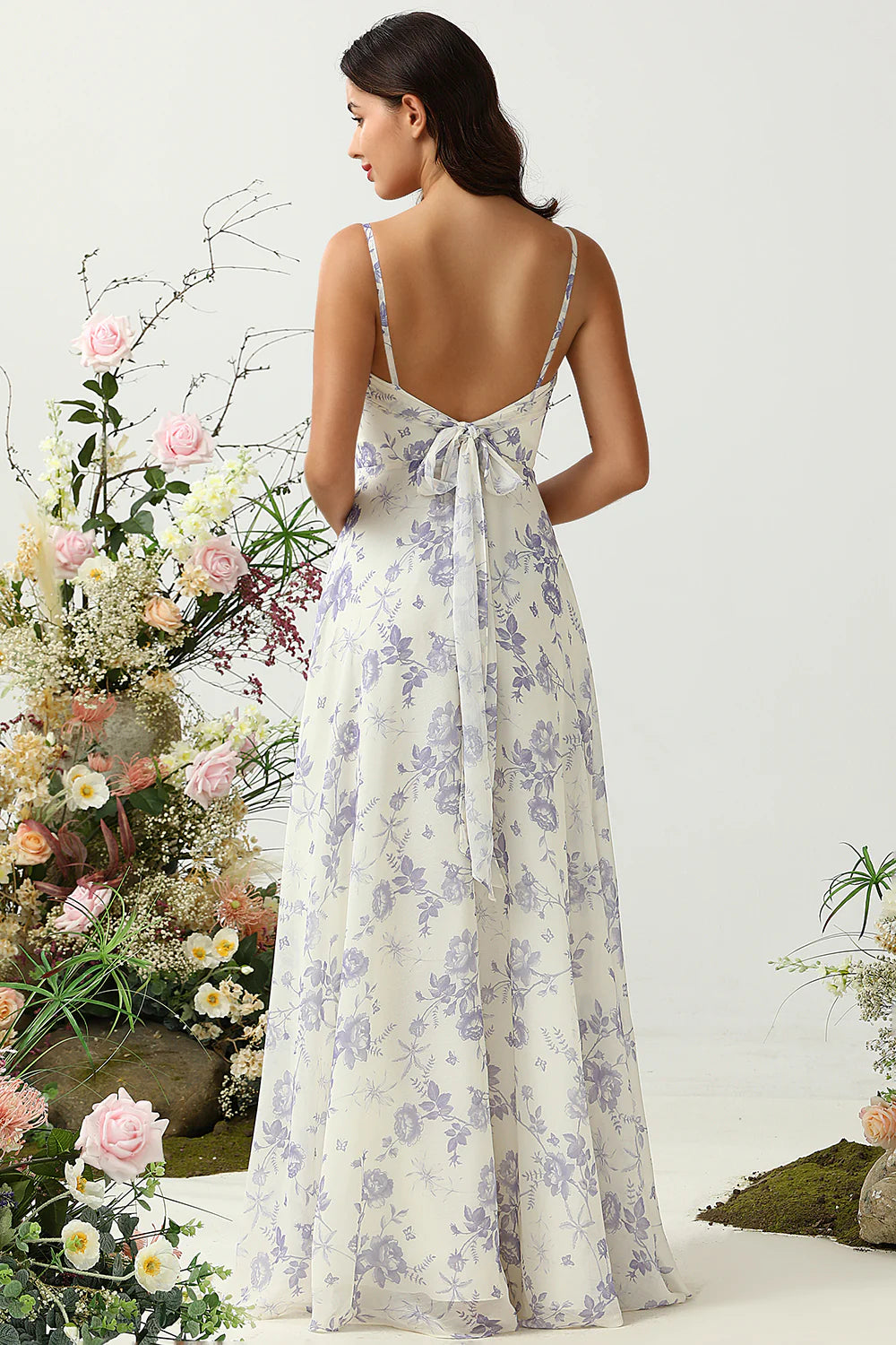 White Blue Flower A Line Spaghetti Straps Print Tiered Long Bridesmaid Dress
