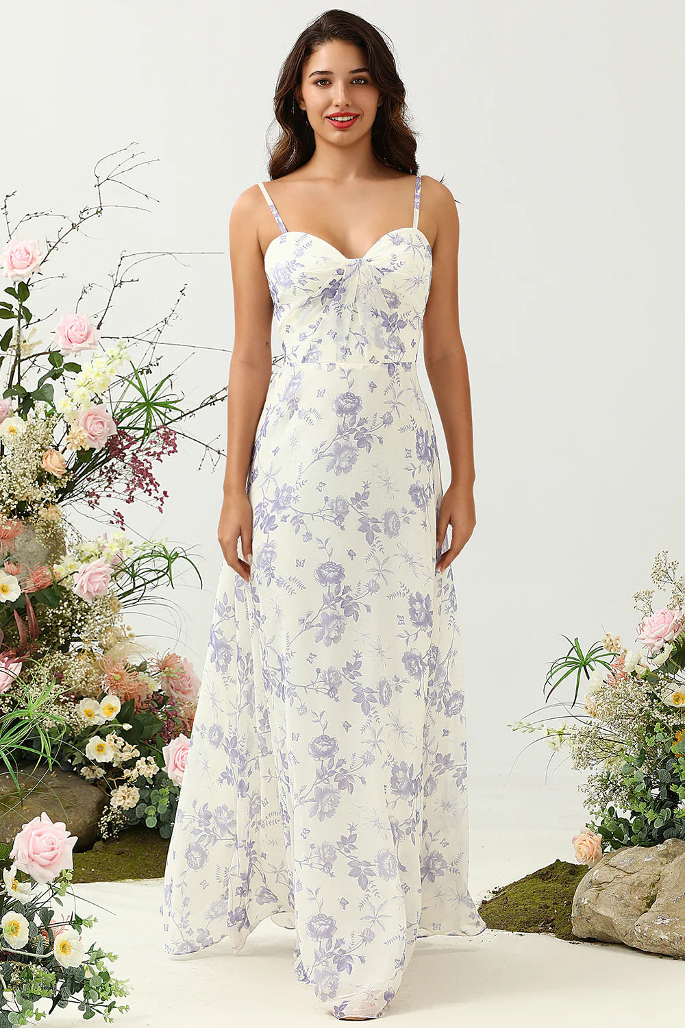White Blue Flower A Line Spaghetti Straps Print Tiered Long Bridesmaid Dress