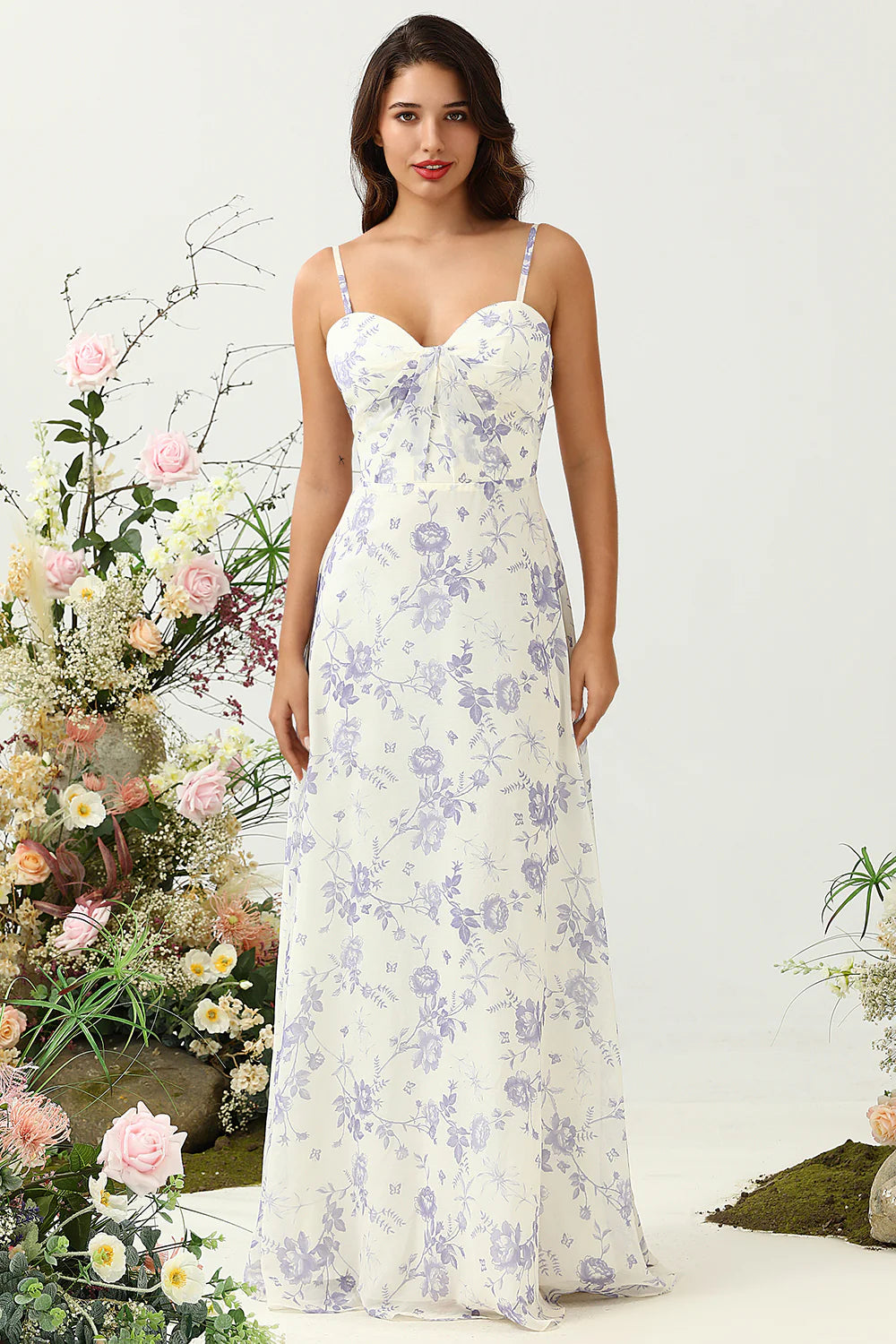 White Purple Flower A-Line Spaghetti Straps Chiffon Floor-Length Bridesmaid Dress