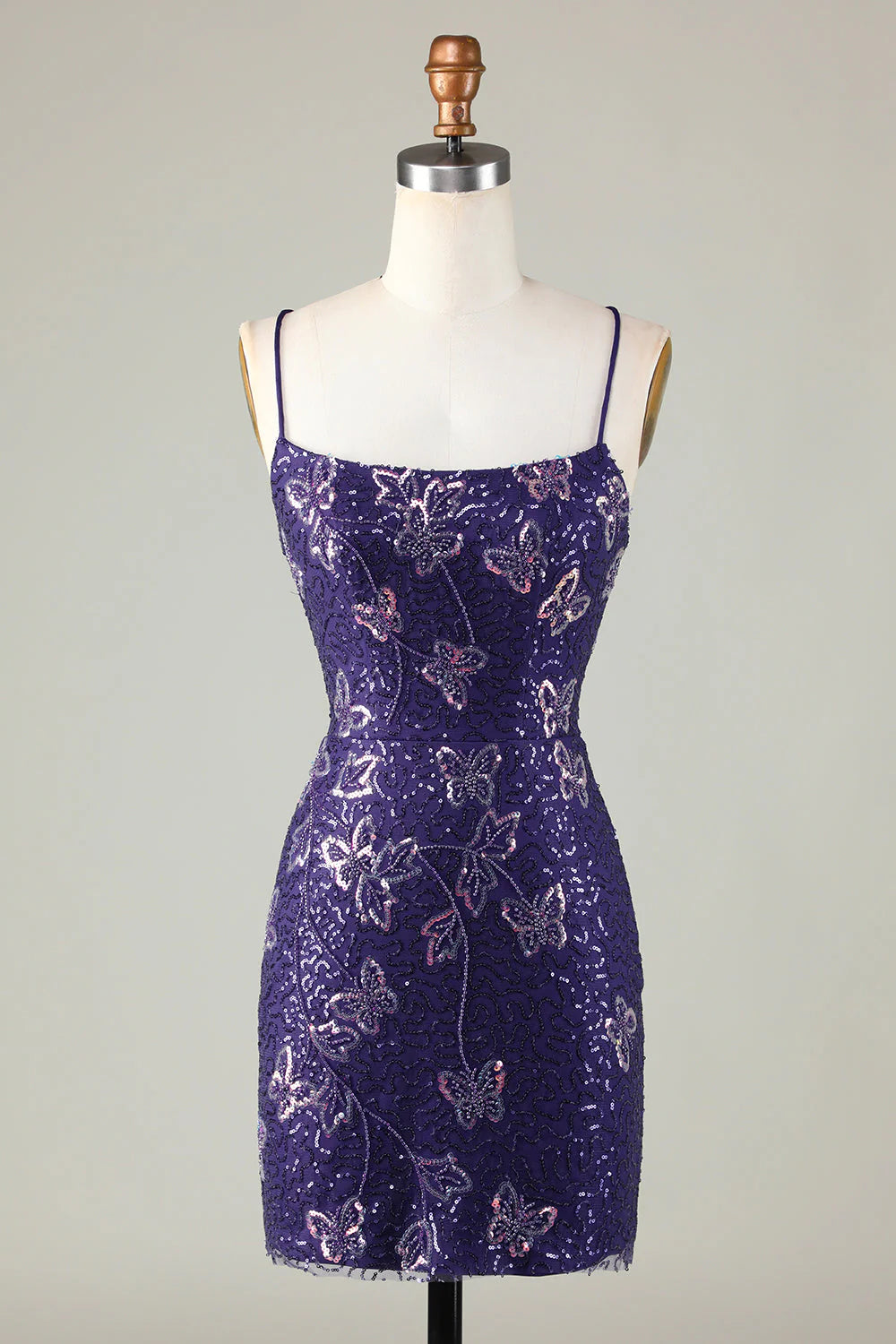 Sparkly Sheath Spaghetti Straps Dark Purple Short Full Of Charm Homecoing Dress
