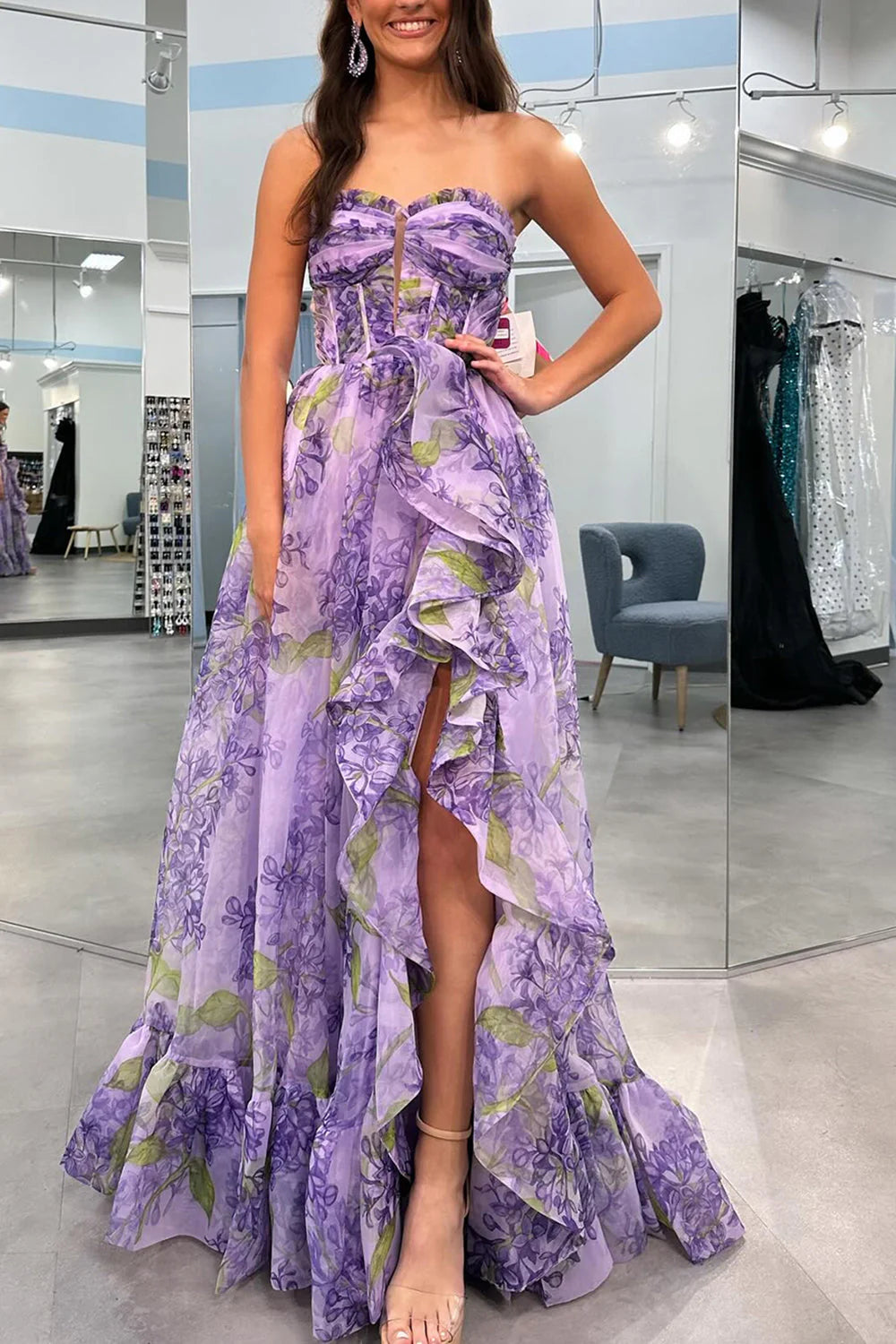 Lavender A-Line Strapless Long Ruffle Full Of Charm Evening Dresses