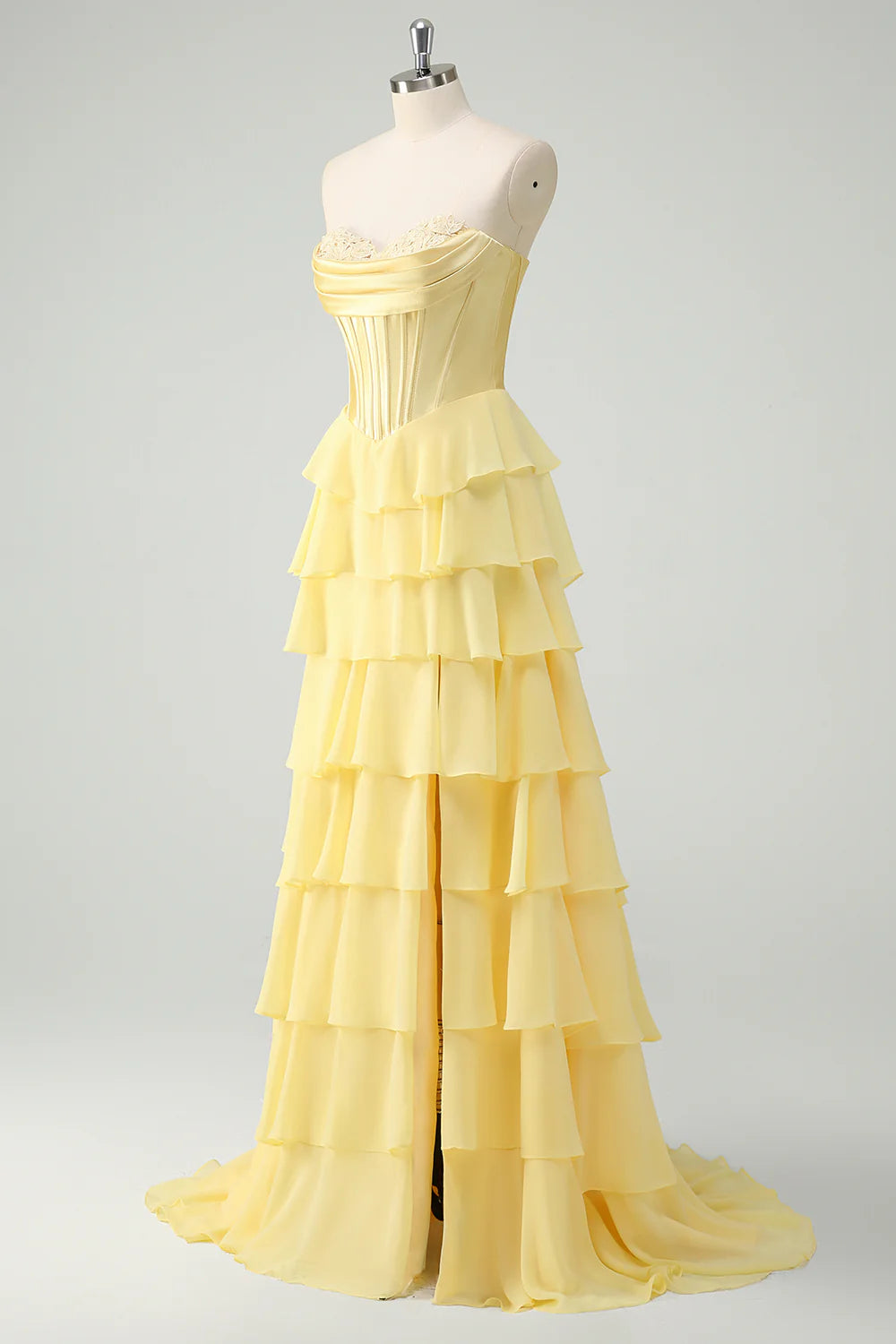 Yellow A-Line Strapless Tiered Corset Ruffle Long Prom Dress with Slit