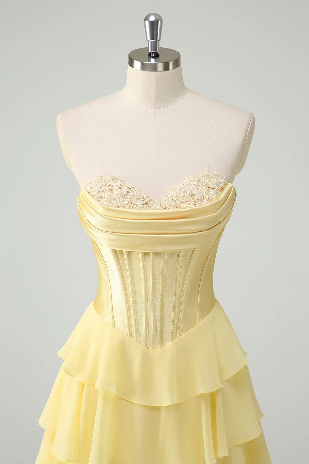 Yellow A-Line Strapless Tiered Corset Ruffle Long Prom Dress with Slit