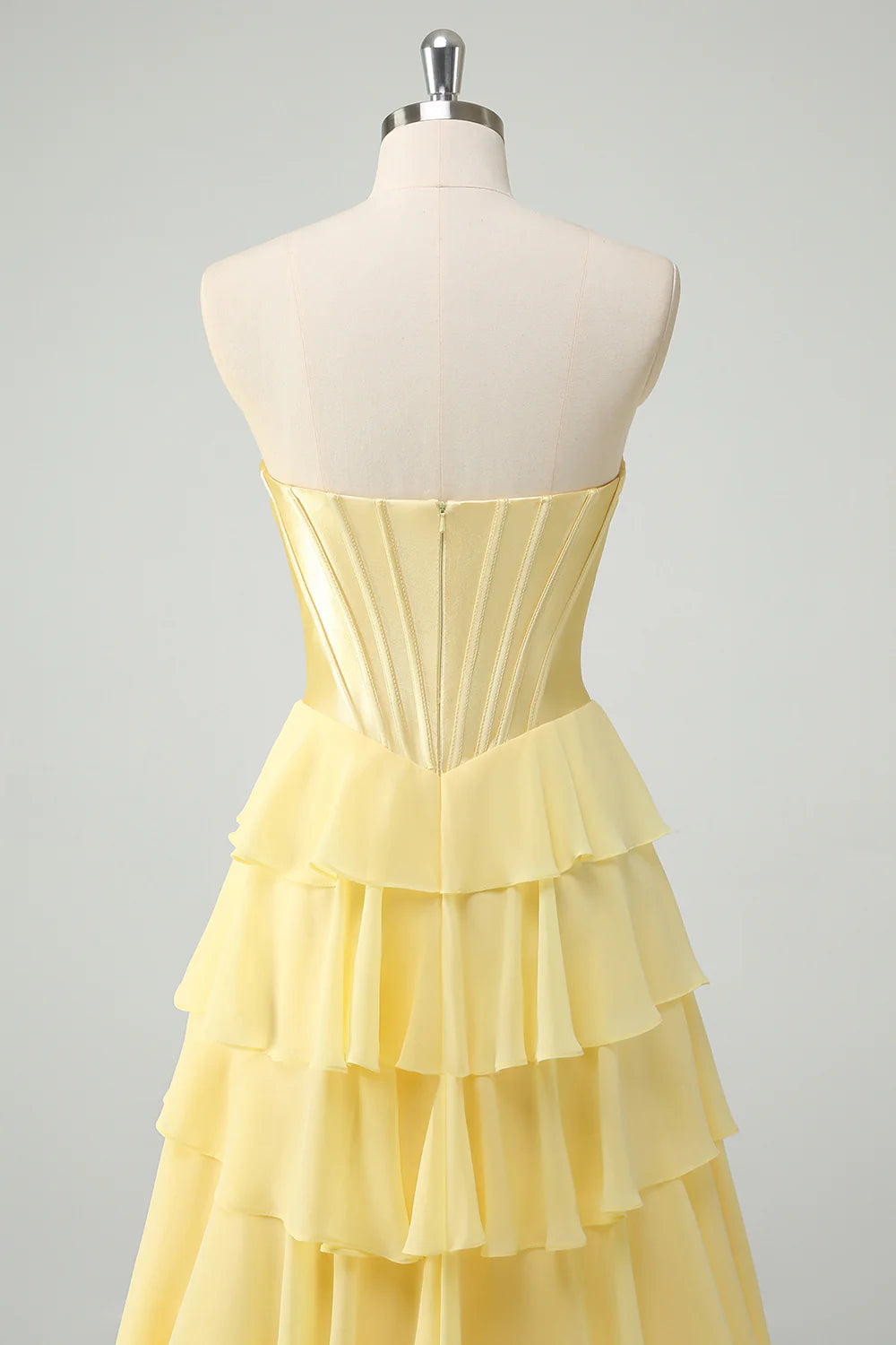 Yellow A-Line Strapless Tiered Corset Ruffle Long Prom Dress with Slit