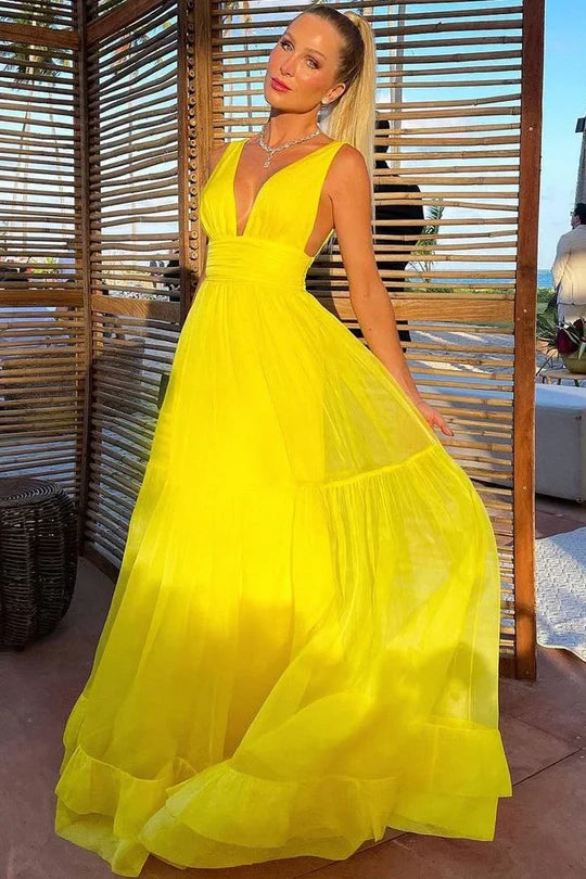 Yellow A-Line V-Neck Straps Empire-Waist Prom Formal Dress