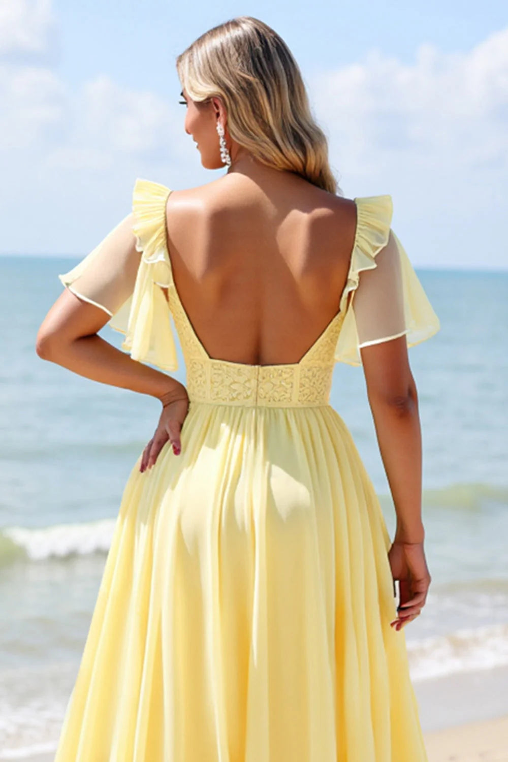 Yellow A Line V-Neck Chiffon Short Sleeves Long Bridesmaid Dress with Slit