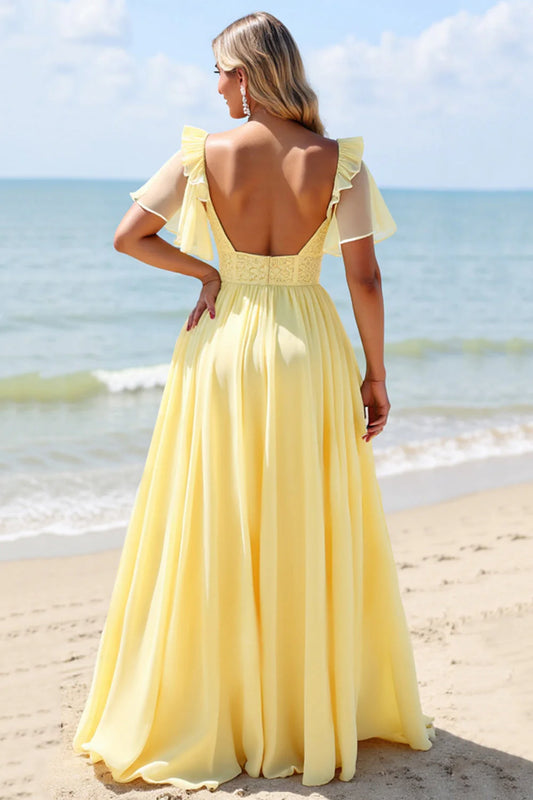 Yellow A Line V-Neck Chiffon Short Sleeves Long Bridesmaid Dress with Slit