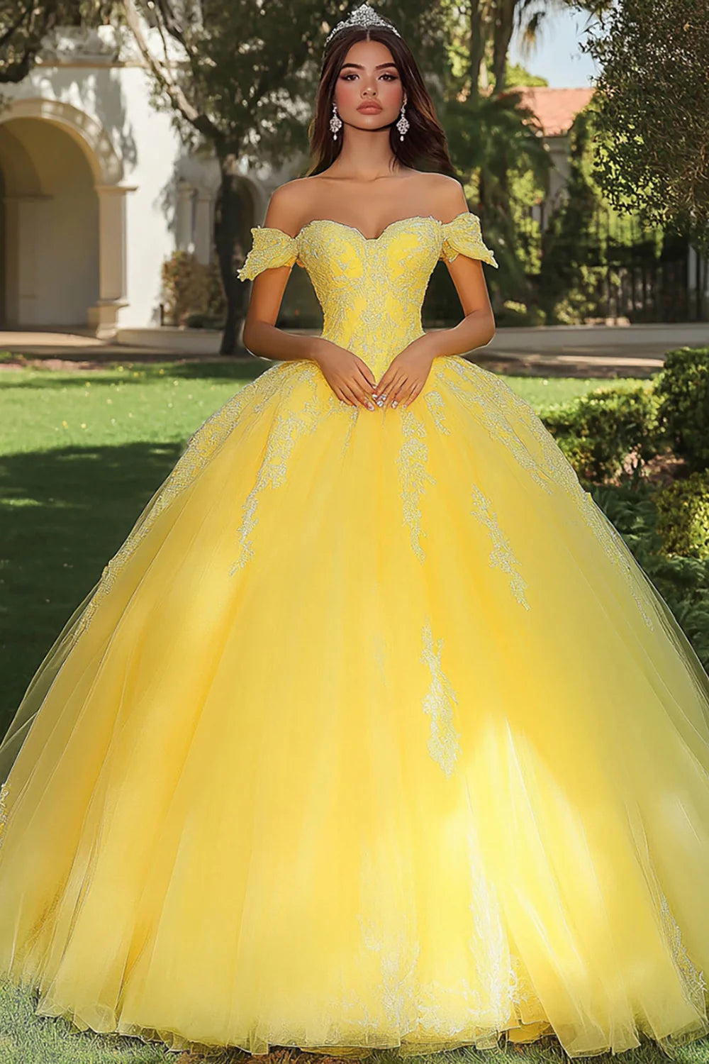 Yellow Ball Gown Off the Shoulder Long Tulle Quinceanera Dress with Lace
