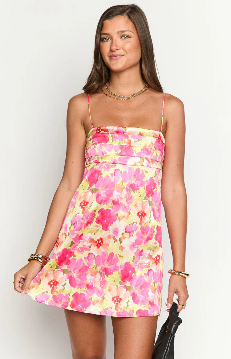 Yellow Floral Pop Elastic shirred upper back Mini Dress