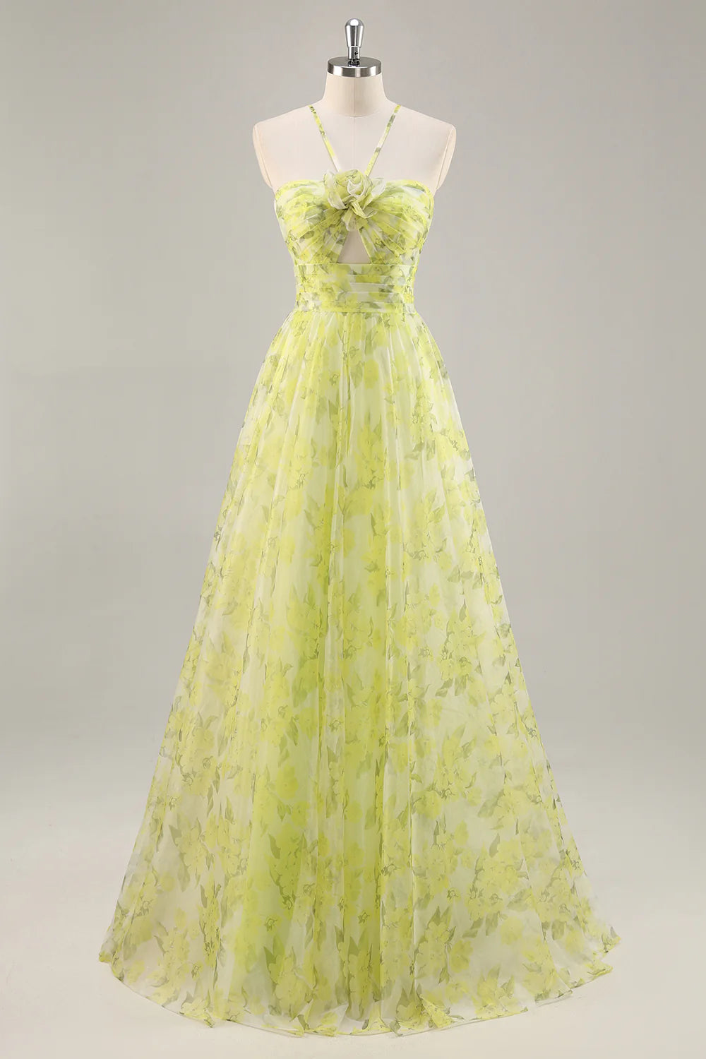 Yellow Green A-Line Cut Out Floral Long Prom Dress