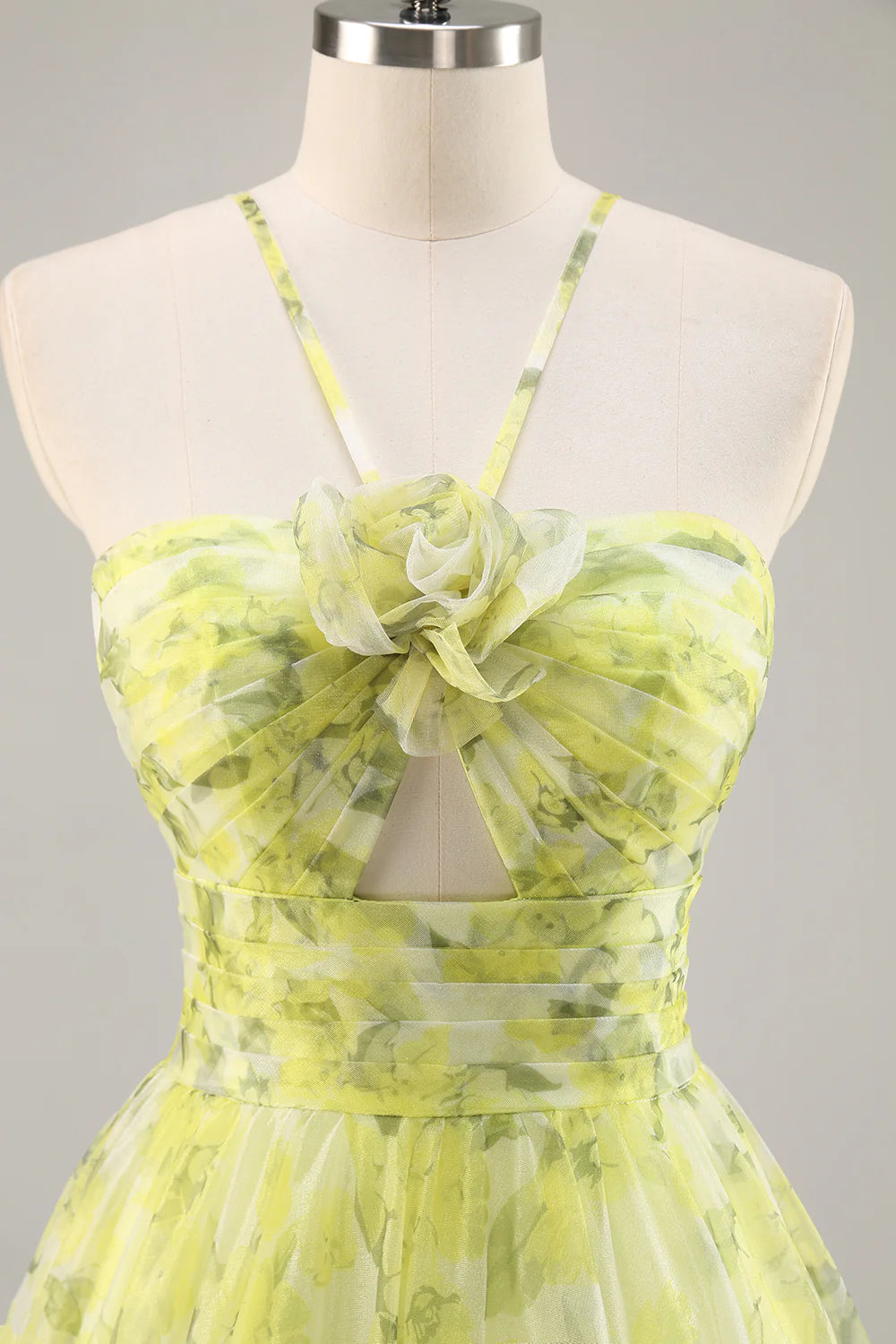 Yellow Green A-Line Cut Out Floral Long Prom Dress