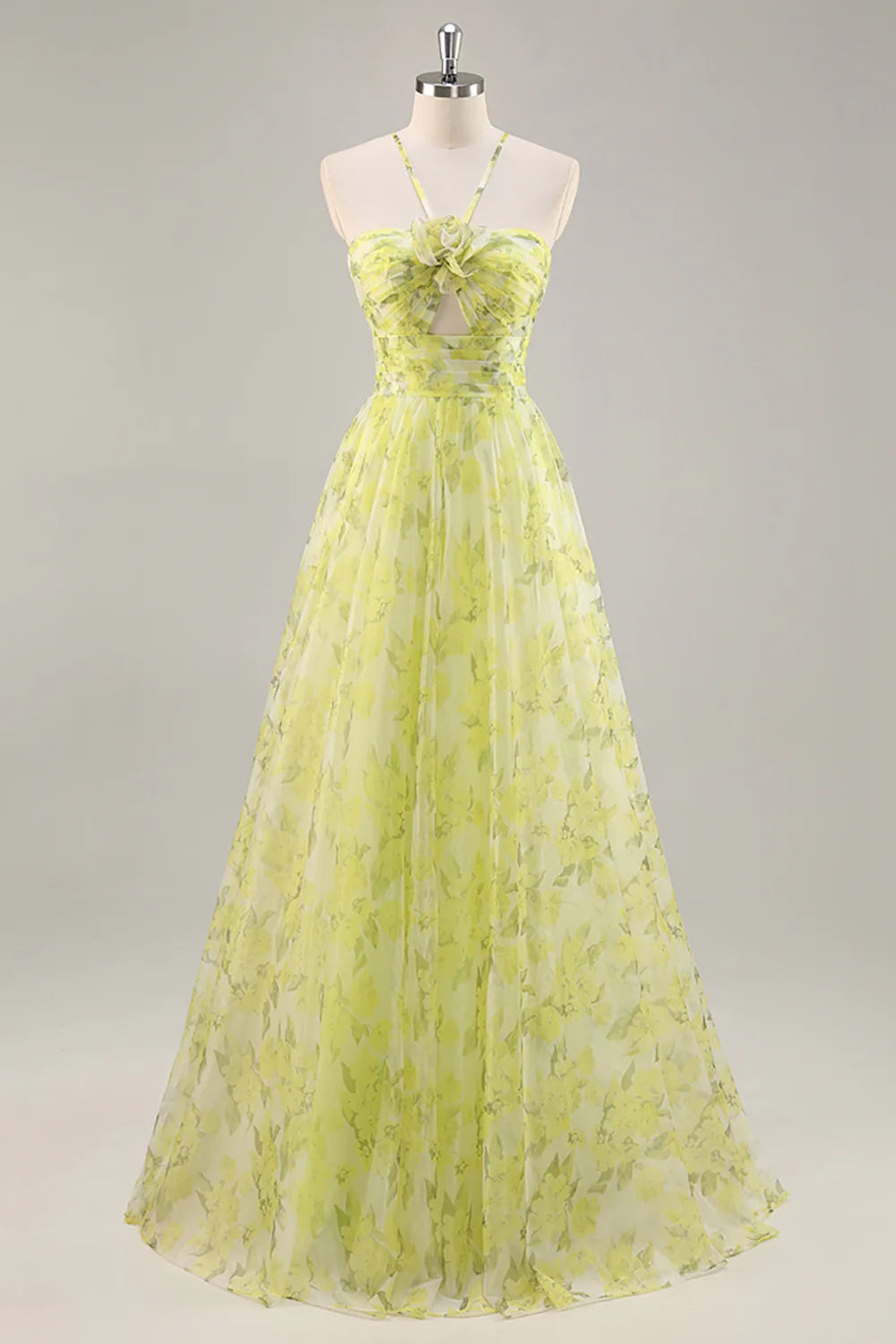 Yellow Green Floral Ruched Tulle Long Prom Dress with Keyhole