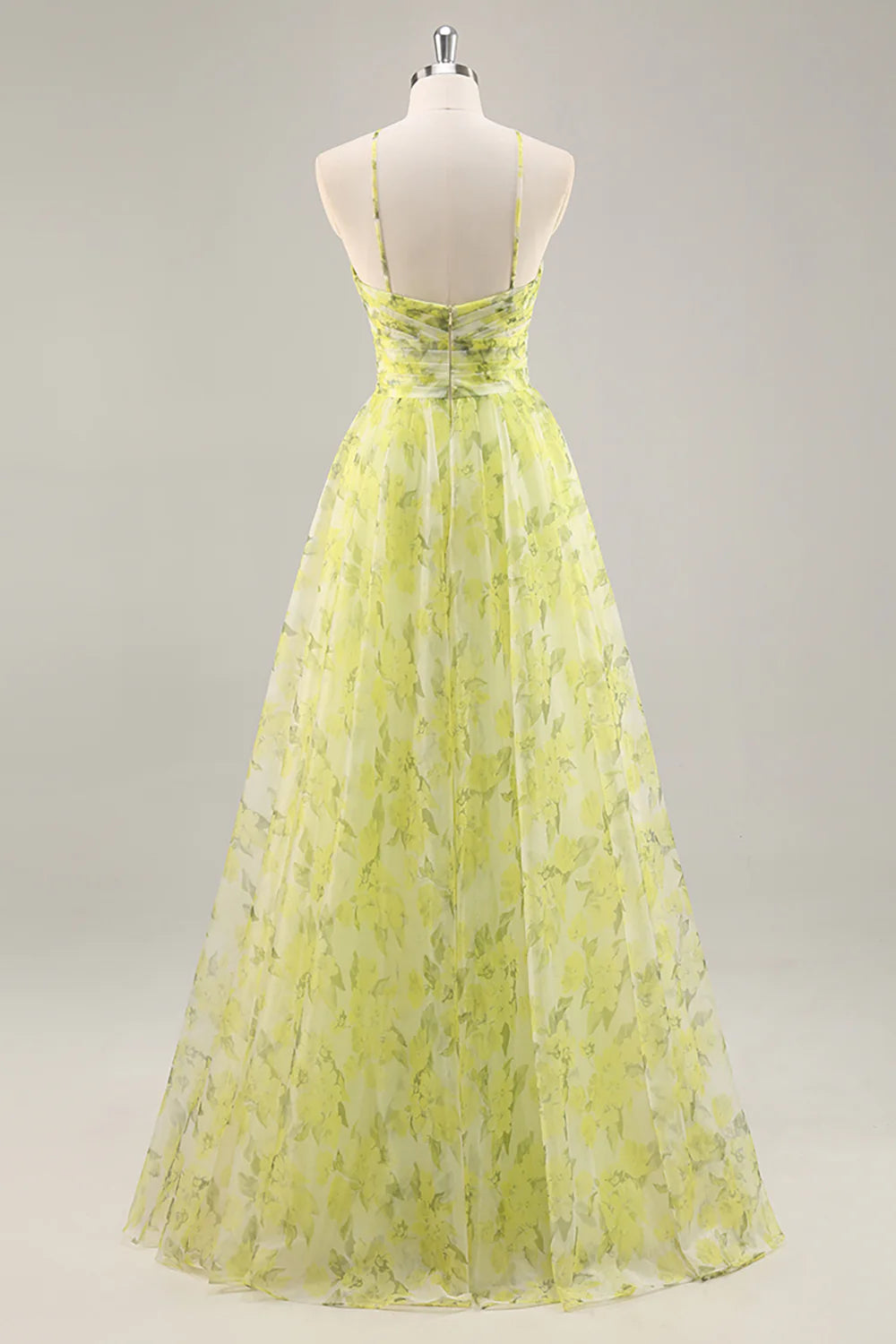 Yellow Green Floral Ruched Tulle Long Prom Dress with Keyhole