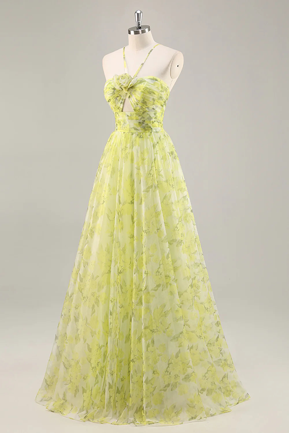 Yellow Green Floral Ruched Tulle Long Prom Dress with Keyhole