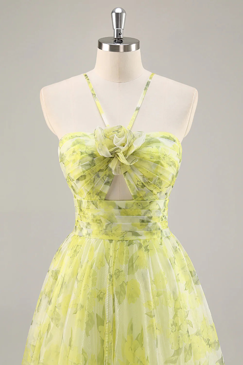 Yellow Green Floral Ruched Tulle Long Prom Dress with Keyhole