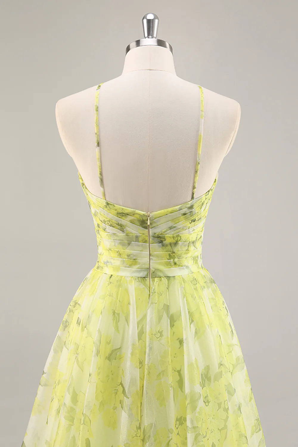 Yellow Green Floral Ruched Tulle Long Prom Dress with Keyhole