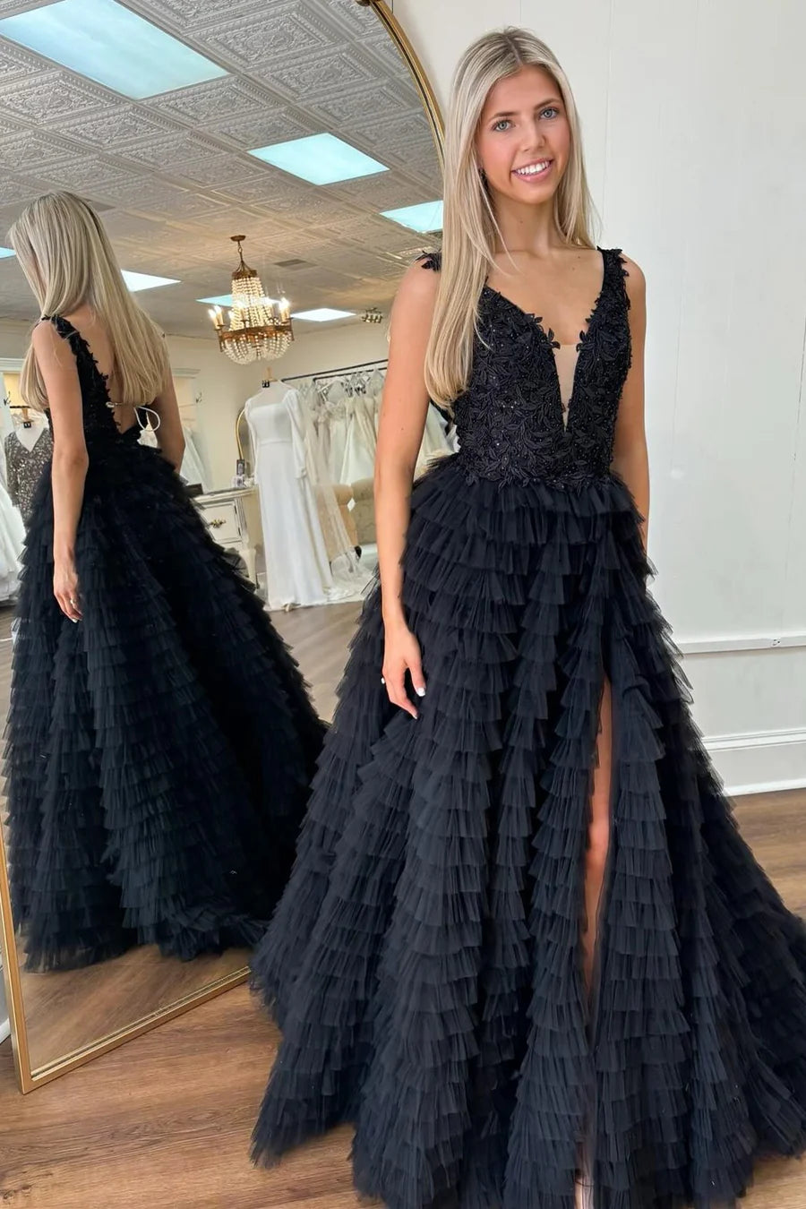 Yellow Plunge V Ruffle Tiered Long Prom Dress with Slit