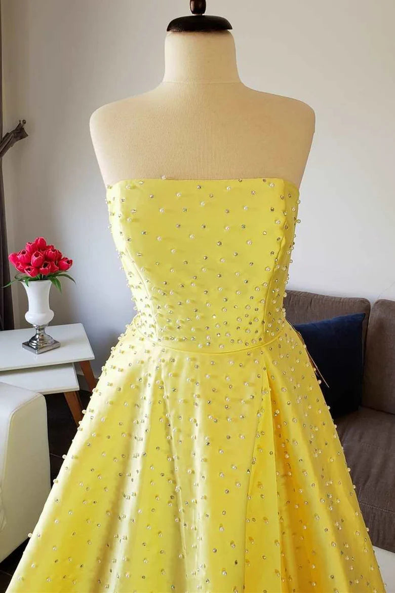 Yellow Satin Beaded Strapless A-line Prom Dress