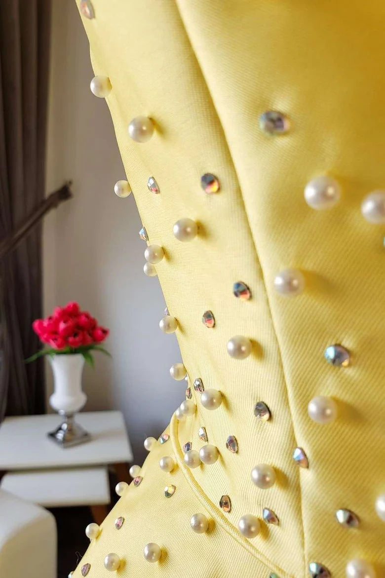 Yellow Satin Beaded Strapless A-line Prom Dress