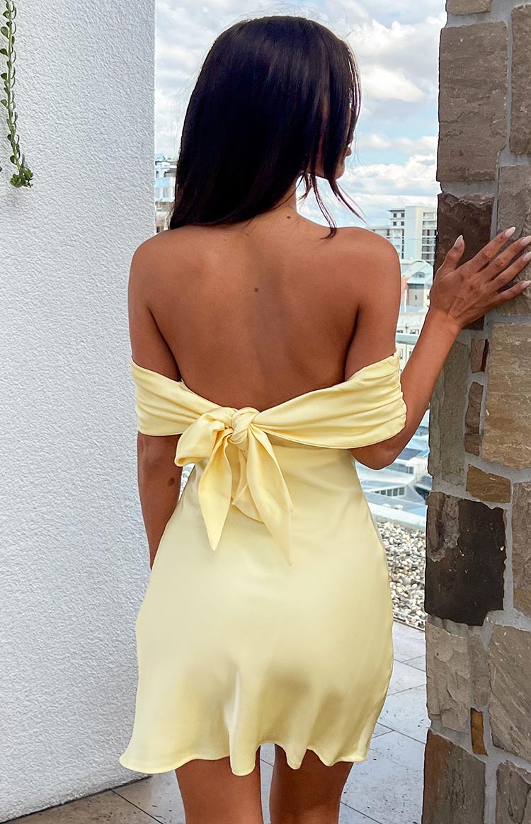 Yellow Satin Off the Shoulder Adjustable bow tie detail at back Mini Dress