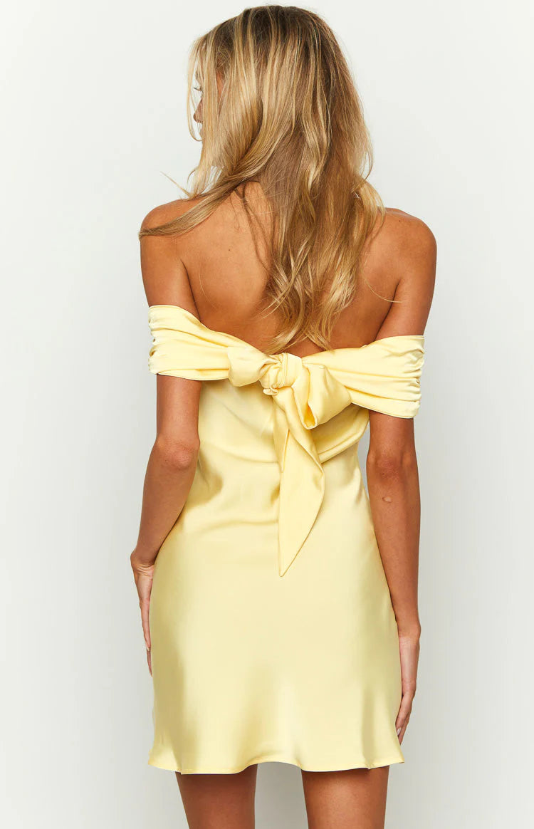 Yellow Satin Off the Shoulder Adjustable bow tie detail at back Mini Dress