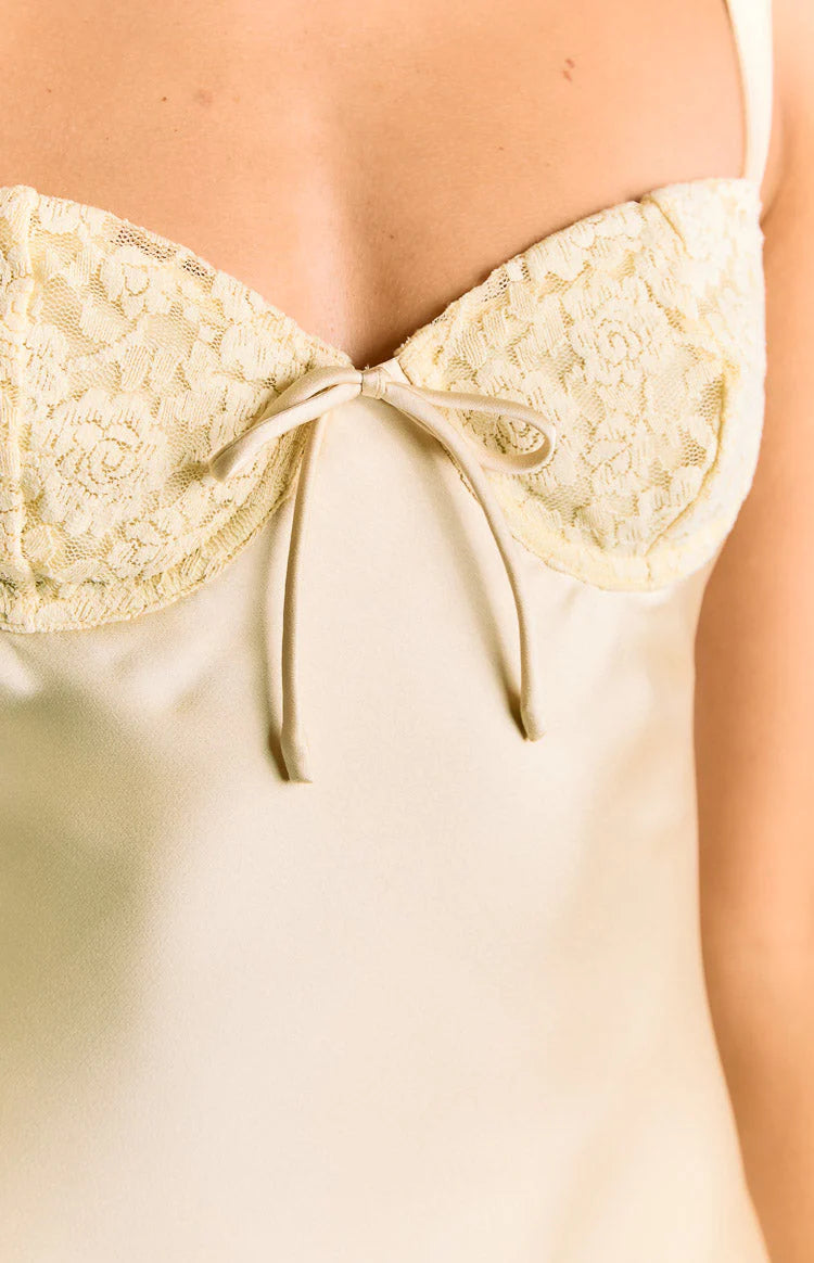 Yellow Satin Party Wired bust cups with lace detail Mini Dress