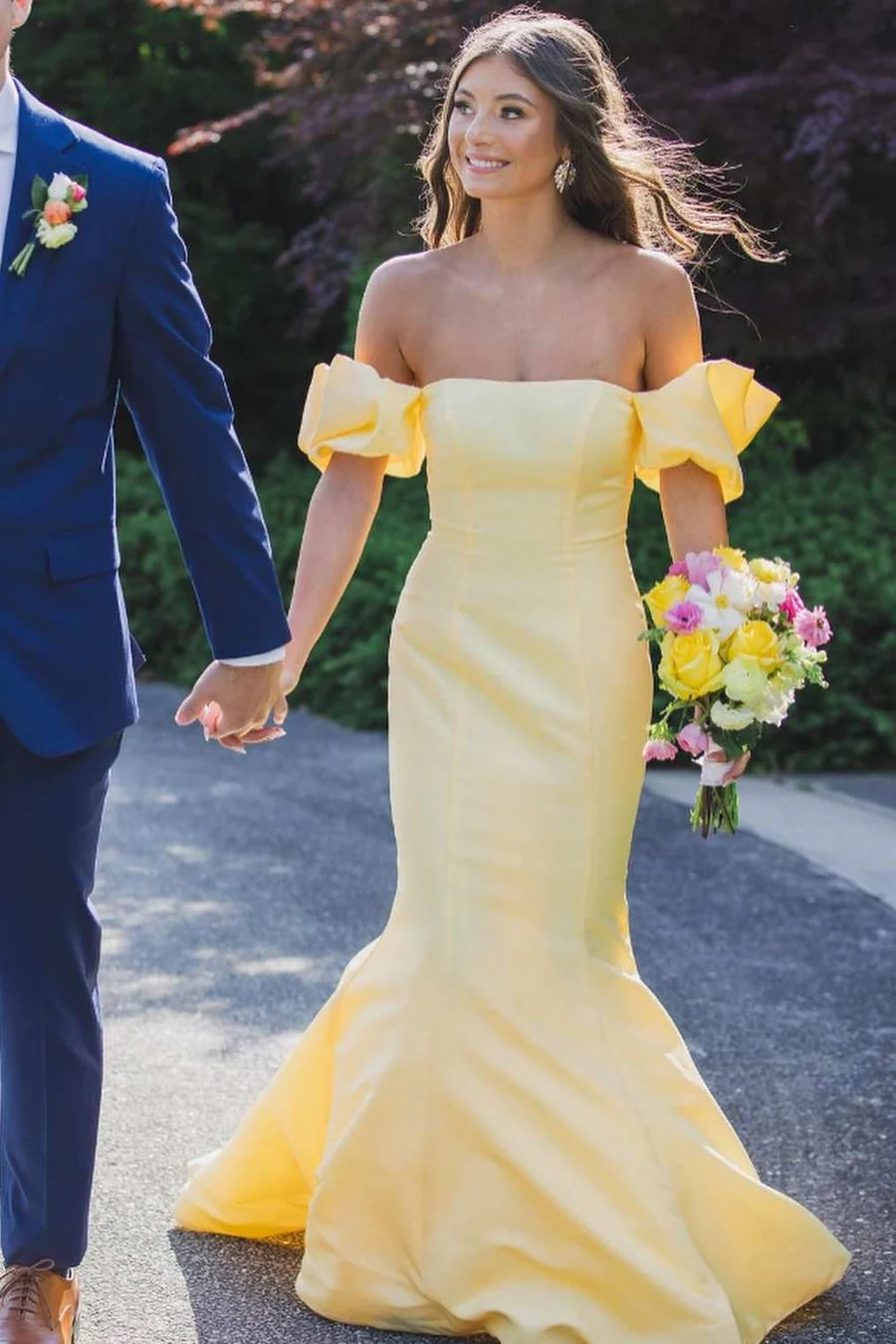 Yellow Satin Strapless Mermaid Pleated Long Formal Prom Dress