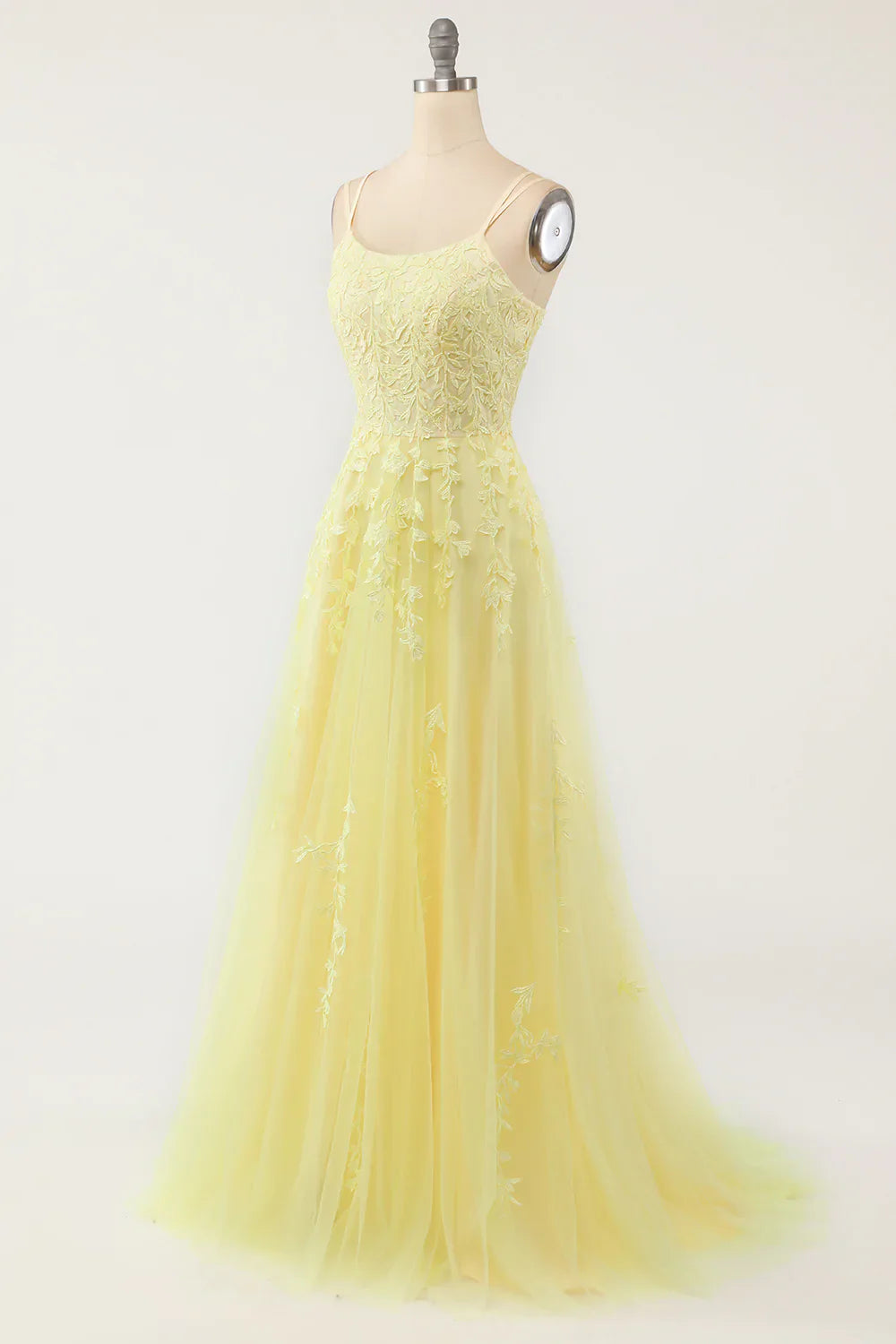 Yellow Spaghetti Straps Prom Dress With Appliques