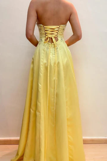 Yellow Strapless Empire Lace Up A-Line Party Evening Dress