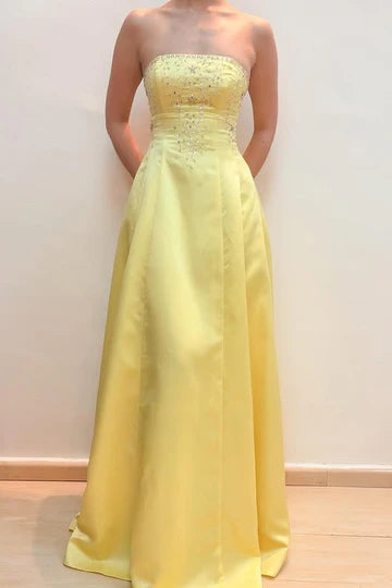 Yellow Strapless Empire Lace Up A-Line Party Evening Dress