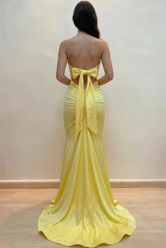 Yellow Strapless Sweetheart Mermaid with Bow-Back and Slit Evening Dresses