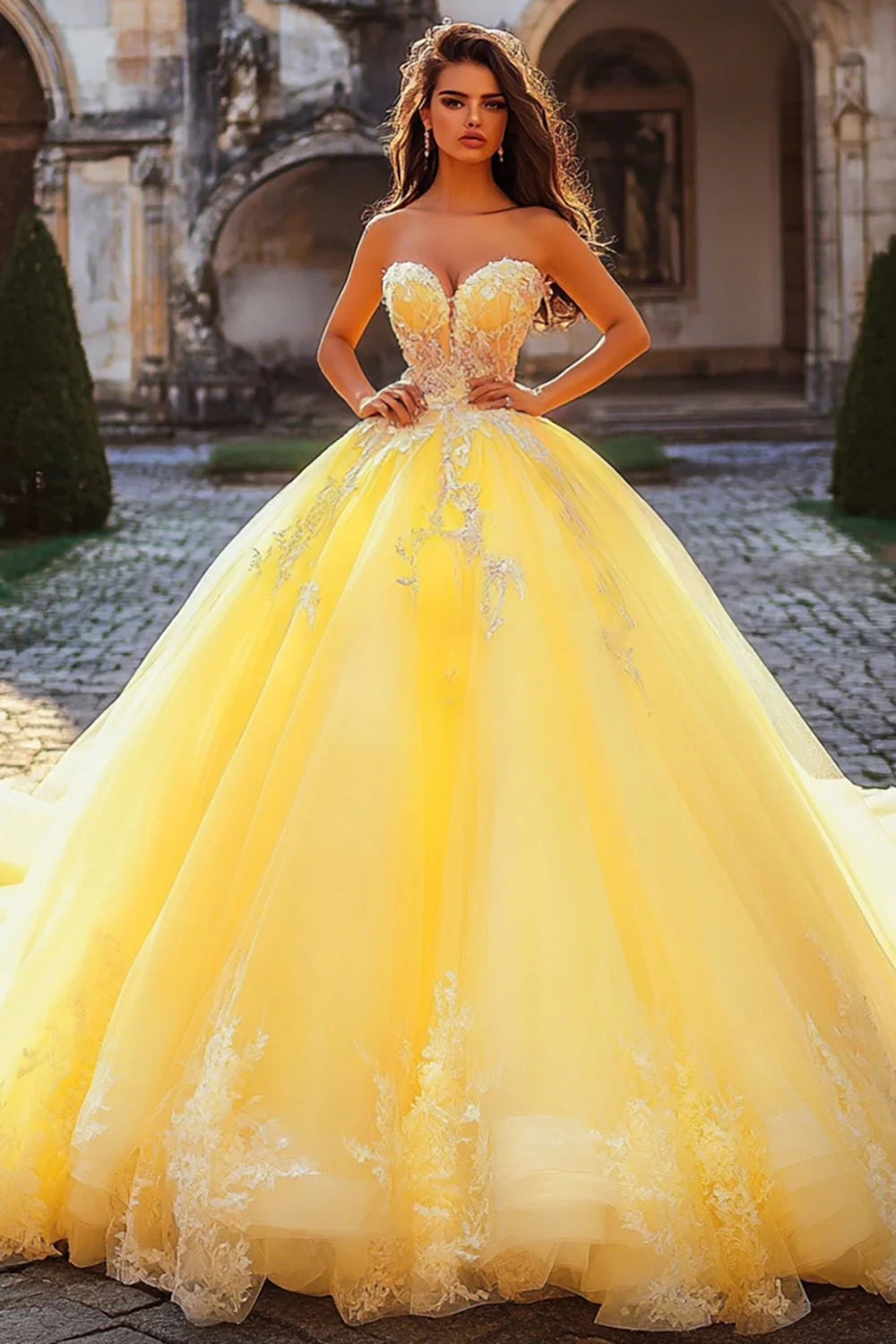 Yellow Strapless Tulle Ball Gown Princess Long Quinceanera Dress with Appliques