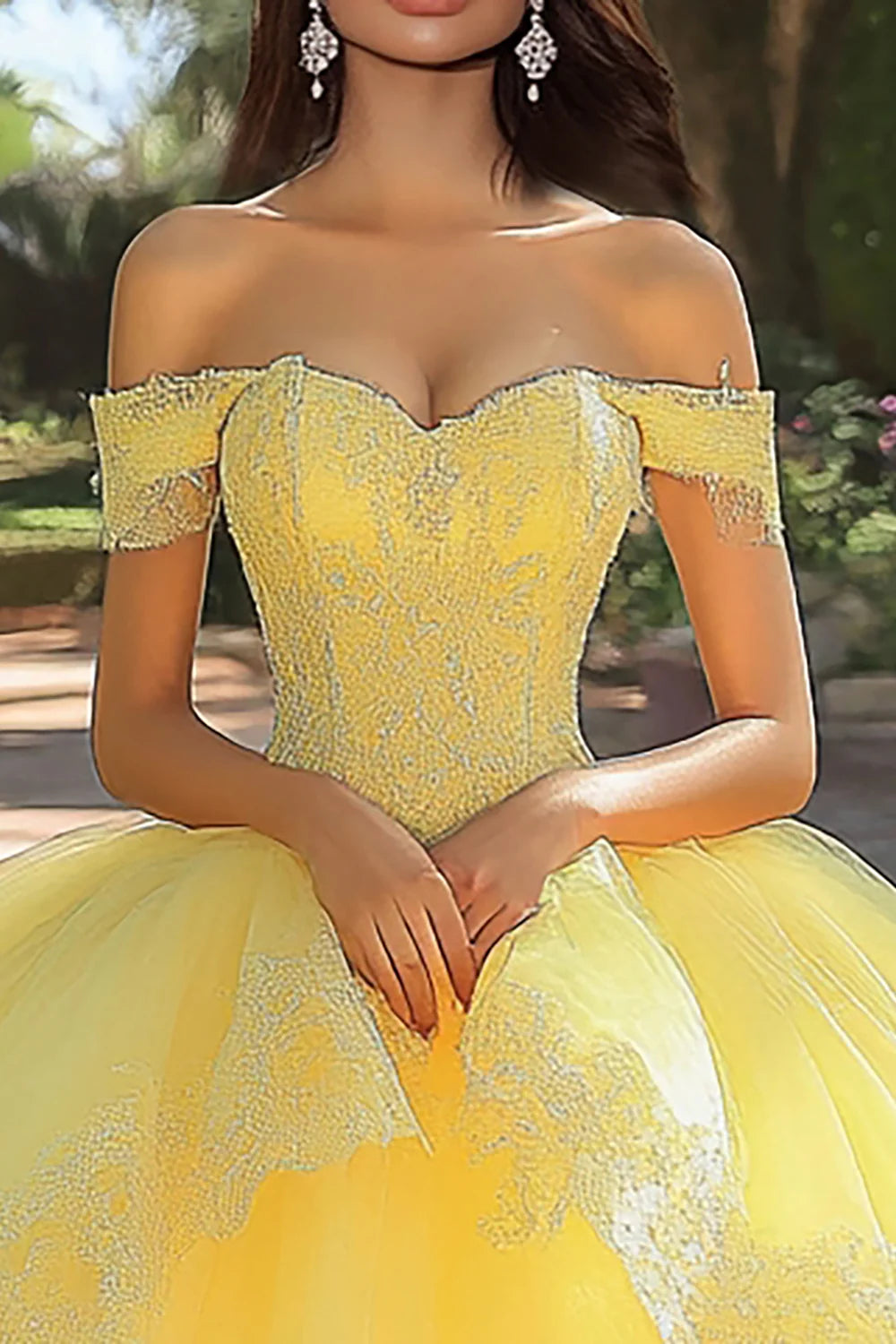 Yellow Tulle Ball Gown Appliqued Long Quinceanera Dress with Ruffles