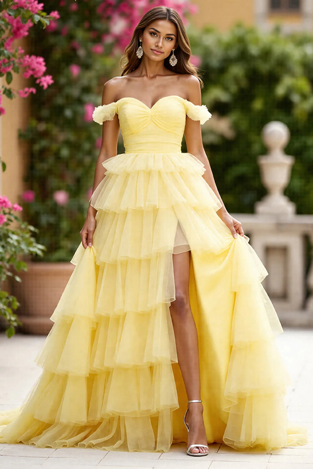 Yellow Tulle Ball Gown Off the Shoulder Tiered Long Prom Dress with Slit