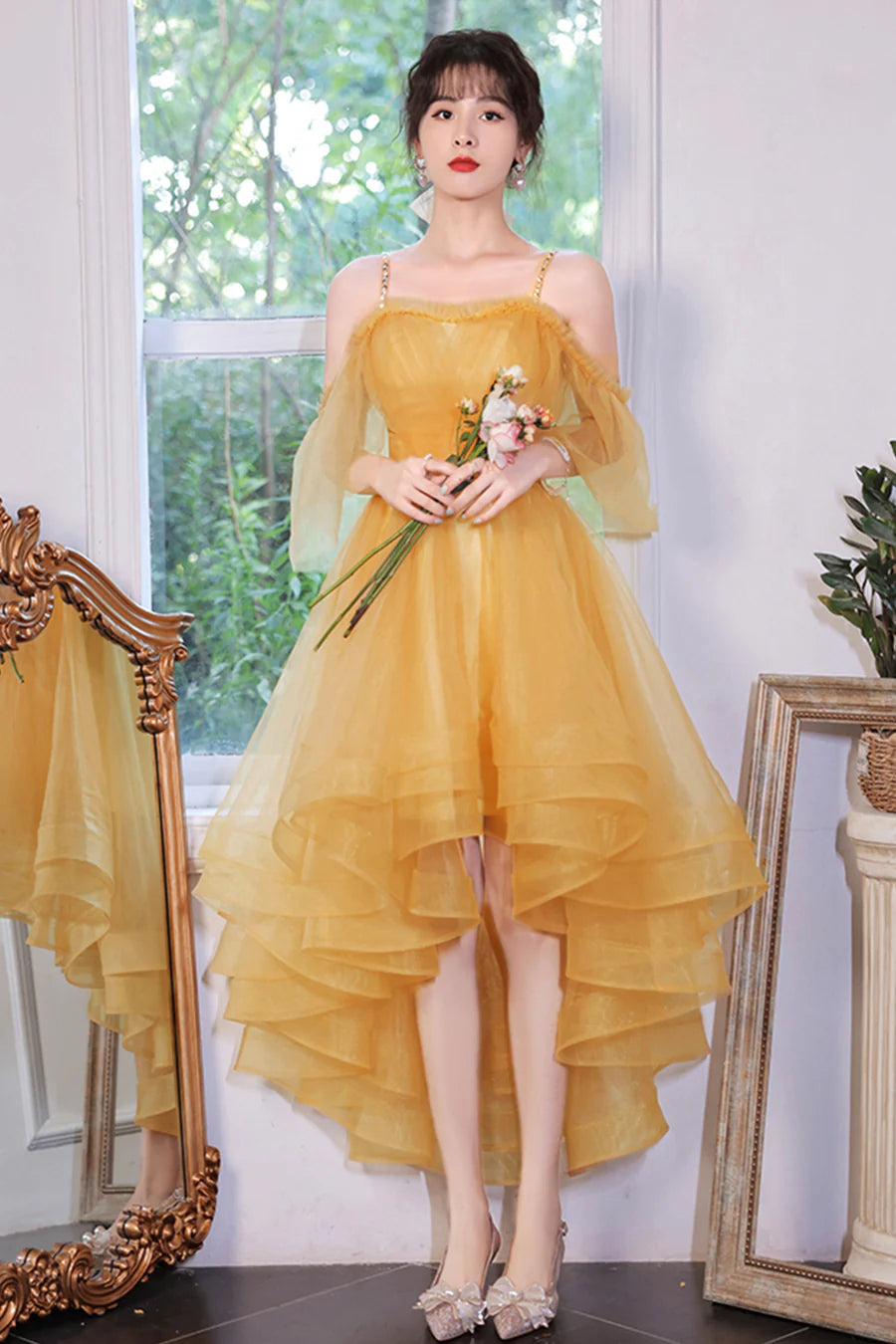 Yellow Tulle High Low Prom Dresses, A-Line Evening Dresses