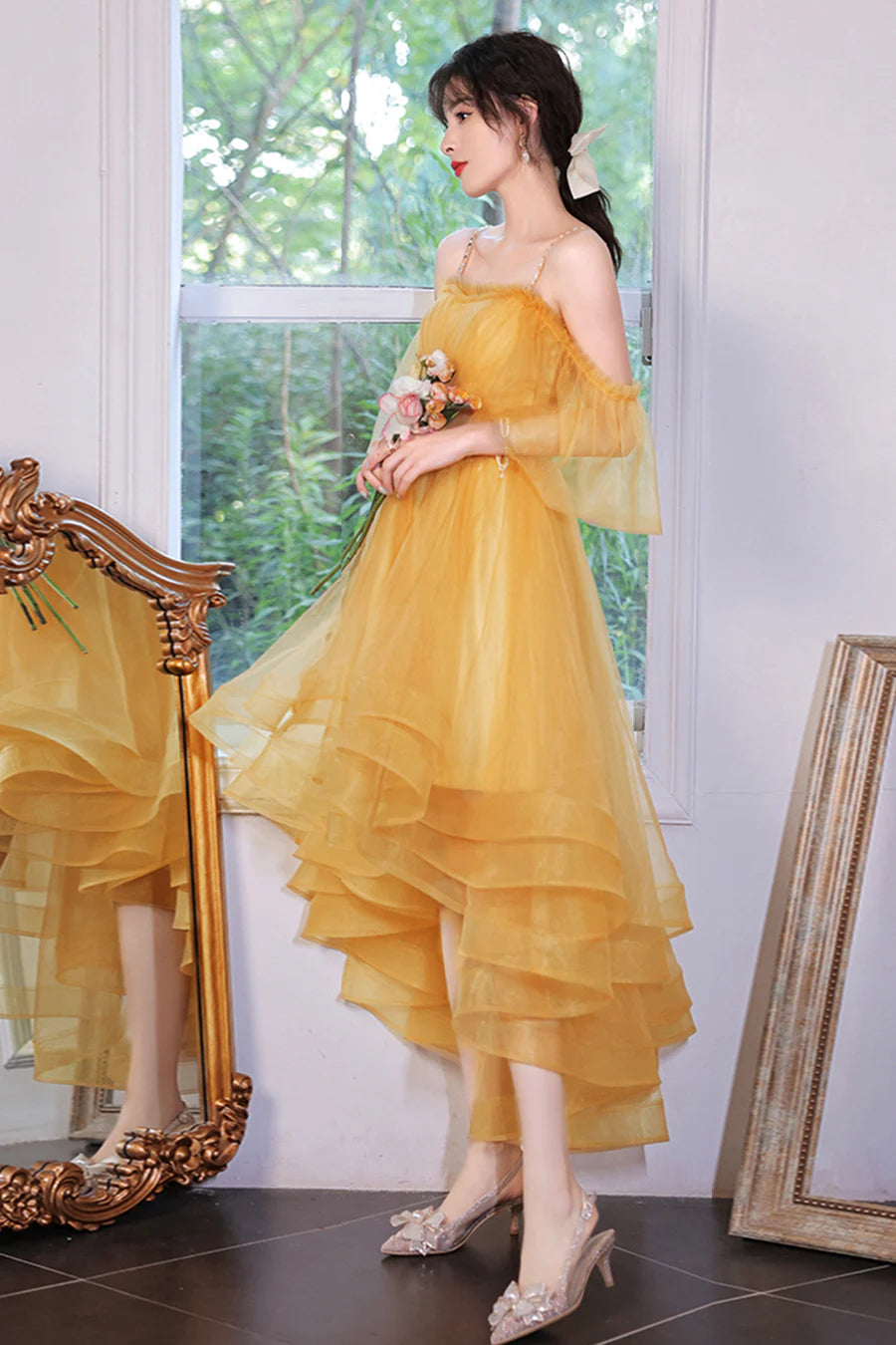 Yellow Tulle High Low Prom Dresses, A-Line Evening Dresses