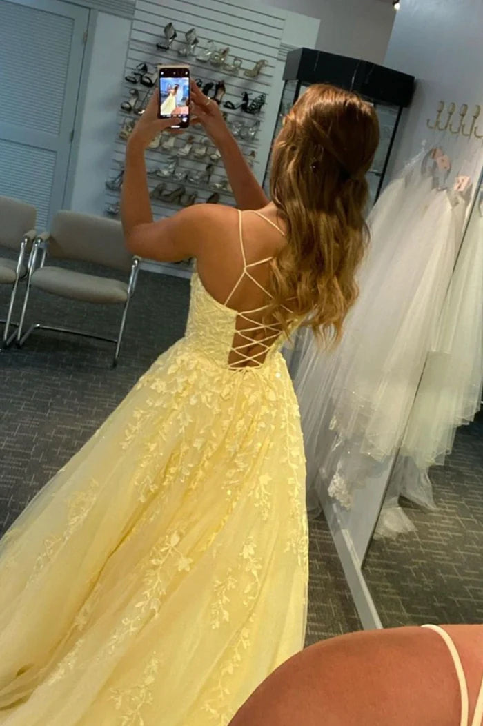 Yellow Tulle Lace Long Prom Dress, A-Line Backless Graduation Party Dress