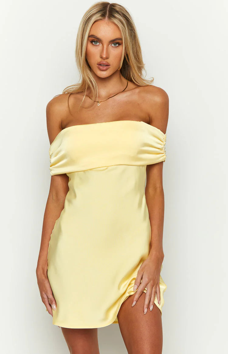 Yellow Satin Off the Shoulder Adjustable bow tie detail at back Mini Dress
