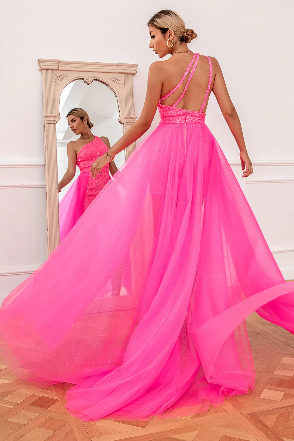 Hot Pink Detchable Train Full Of Charm Prom Dress
