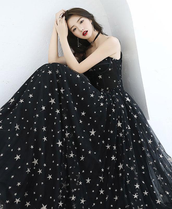 A-line Star Lace Beautiful Chic Black Long Full Of Charm Prom Dress