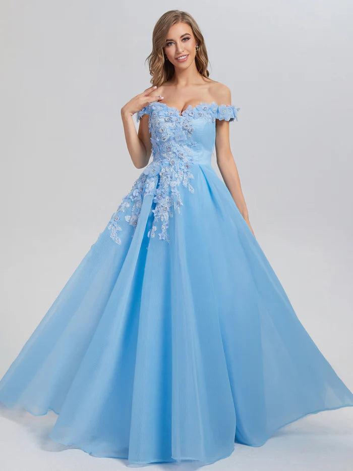 A-line Off the Shoulder Appliques Unique Design Full Of Charm Prom Dress