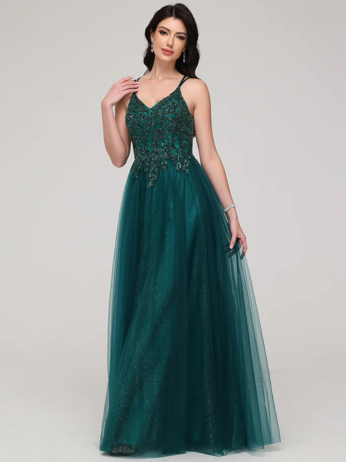 A-line Spaghetti Straps Beaded Long Tulle Unique Design Full Of Charm Prom Dress