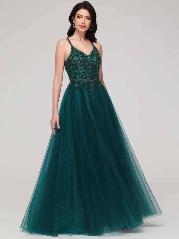 A-line Spaghetti Straps Beaded Long Tulle Unique Design Full Of Charm Prom Dress